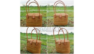 ata grass straw woven tote bag bali handmade leather handle